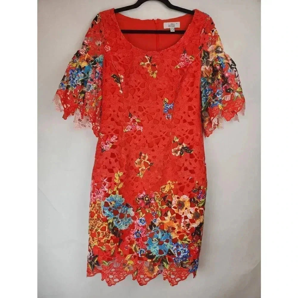 Bella Badgley Mischka Cynthia Red Floral Knee Length Dress Womens Size 4.